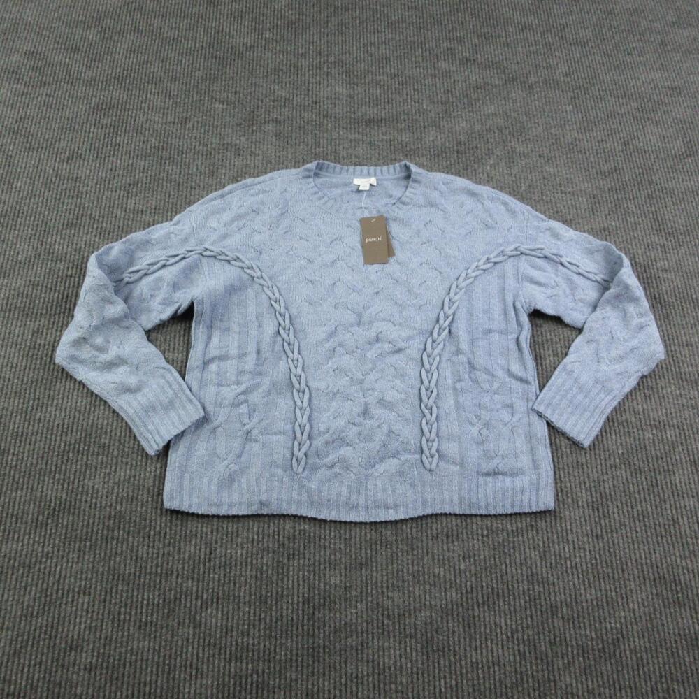 Pure Jill Sweater Womens S Blue Cable-Knit Pullover Embroidered Stretch NWT